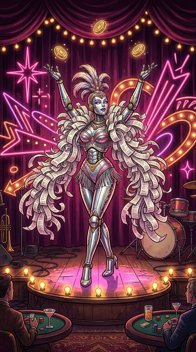 A chrome cabaret robot juggling golden tokens in front of a neon stage curtain.